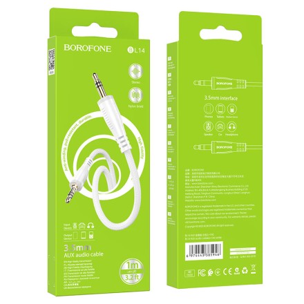  Аудиокабель AUX 3.5мм Borofone BL14 1м тканевой оплётке бело-серый