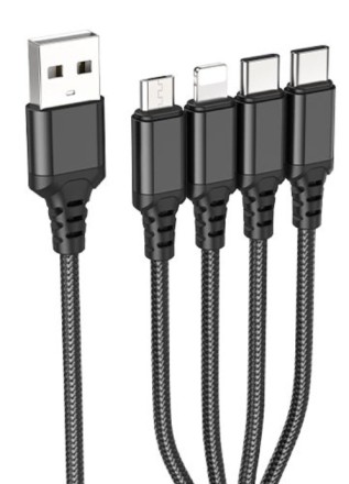  Usb Кабель-зарядка Hoco X76 4в1 Micro/Lightning/ 2 Type-C 1м черный