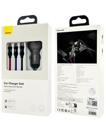  Автомобильное заряд. устр. Baseus Digital Display 2USB 2.4A с каб. 3в1 TZCCBX-0G серое