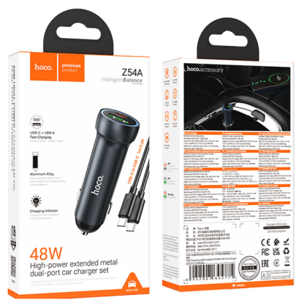  Автомобильное заряд. устр. Hoco Z54A с шнуром Type-C на Type-C 1USB/1C 18W/30W серый