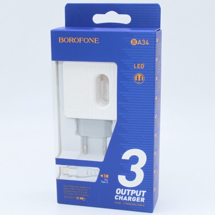  Сетевое зар. устр. Borofone BA34 с шнуром Type-C 2USB белое