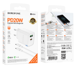 Сетевое зар. устр. Borofone BA83A с кабелем Type-C на Type-C 1USB/1C 20W QC3.0 белое
