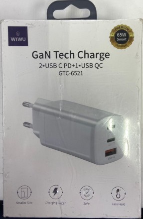  Сетевое зар. устр. WIWU GaN 1USB/2C 65W GTC-6521 белое