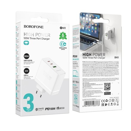  Сетевое зар. устр. Borofone BN11 1USB/2C 30W/100W белое
