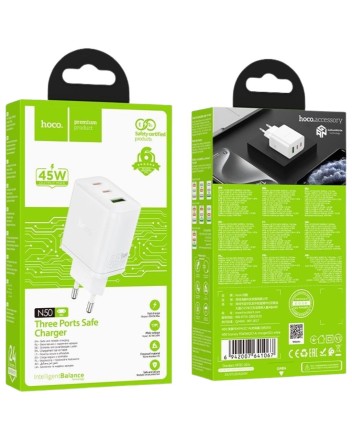  Сетевое зар. устр. Hoco N50 1USB/2С 45W белое