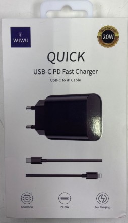  Сетевое зар. устр. WIWU Quick Wi-U001 с шнуром Type-C на Lightning 1C 20W черное