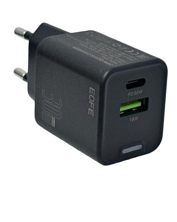  Сетевое зарядное устройство EOFE E306 1C/1USB 30W черное