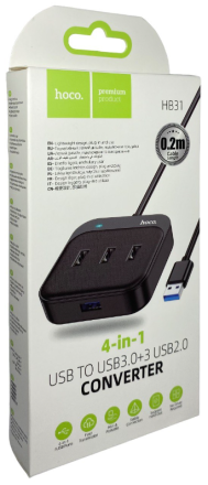  Кабель-переходник Hoco HB31 USB на USB3.0/3 USB2.0 0.2м черный
