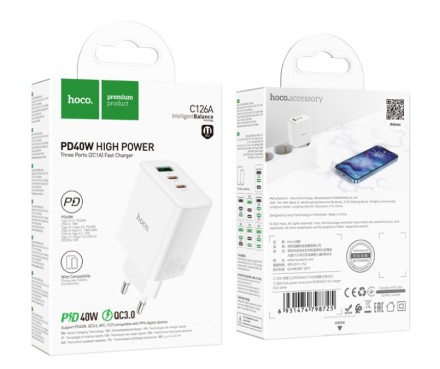  Сетевое зар. устр. Hoco C126A 1USB/2C 18W/40W белое