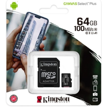  micro SDHC карта памяти Kingston 64GB Class 10 UHS-I Ultra 100MB/s с адапт. (SDCS2/64GB)