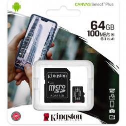 micro SDHC карта памяти Kingston 64GB Class 10 UHS-I Ultra 100MB/s с адапт. (SDCS2/64GB)