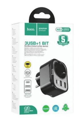  Сетевой фильтр HOCO NS3 1 розетка + 3 USB 16A черный