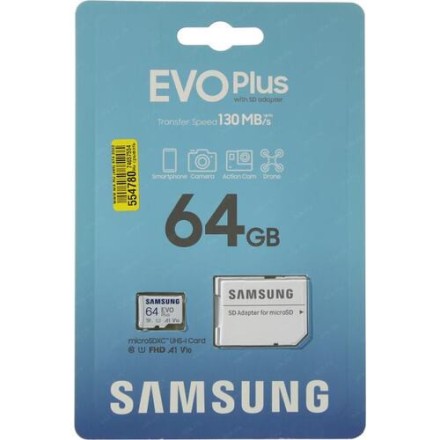  micro SDHC карта памяти Samsung EvoPlus 64GB Class10 UHS-I Ultra 130MB/s с адапт. (MB-MC64KA/RU)