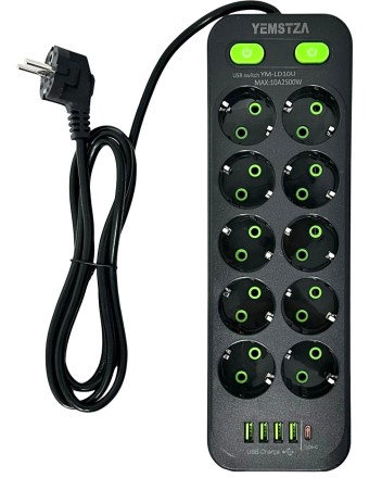  Сетевой фильтр Yemstza 2500W-10A(Max) 10 розеток+4USB+1USB-C 2м. черный