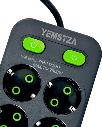  Сетевой фильтр Yemstza 2500W-10A(Max) 10 розеток+4USB+1USB-C 2м. черный