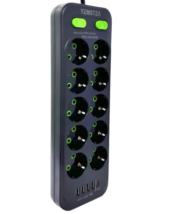  Сетевой фильтр Yemstza 2500W-10A(Max) 10 розеток+4USB+1USB-C 2м. черный