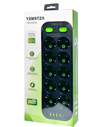  Сетевой фильтр Yemstza 2500W-10A(Max) 10 розеток+4USB+1USB-C 2м. черный