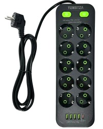 Сетевой фильтр Yemstza 2500W-10A(Max) 10 розеток+4USB+1USB-C 2м. черный