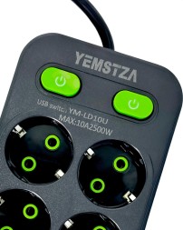 Сетевой фильтр Yemstza 2500W-10A(Max) 10 розеток+4USB+1USB-C 2м. черный