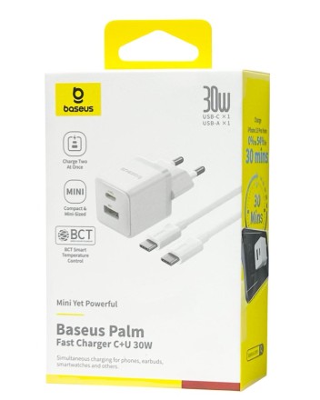  Сетевое зар. устр. Baseus Palm Fast Charger 1USB/1C 30W кабель T-C на T-C (P1011160A213-01) белое