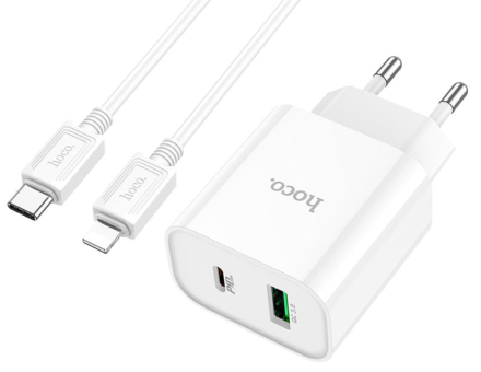  Сетевое зар. устр. Hoco C80A Plus с шнуром Type-C на Lightning 1USB/1С PD3.0/QC3.0 3A 20W белое