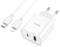 Сетевое зар. устр. Hoco C80A Plus с шнуром Type-C на Lightning 1USB/1С PD3.0/QC3.0 3A 20W белое