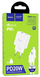 Сетевое зар. устр. Hoco C80A Plus с шнуром Type-C на Lightning 1USB/1С PD3.0/QC3.0 3A 20W белое