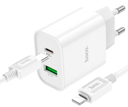 Сетевое зар. устр. Hoco C80A Plus с шнуром Type-C на Lightning 1USB/1С PD3.0/QC3.0 3A 20W белое