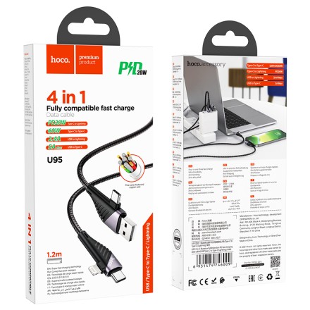  Usb Кабель-зарядка Hoco U95 4-in-1 Lightning/Micro/2Type-C 20W 1.2м в тканевой оплётке чёрный