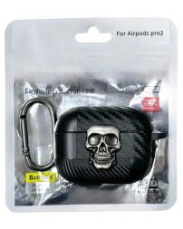 Силиконовый чехол для AirPods Pro 2 c карабином под карбон с черепом чёрный