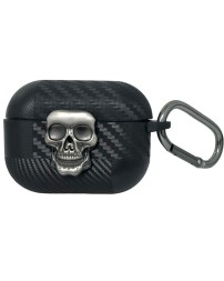 Силиконовый чехол для AirPods Pro 2 c карабином под карбон с черепом чёрный