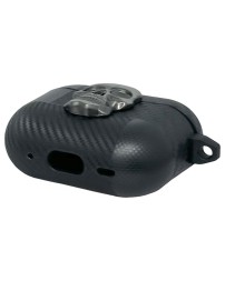 Силиконовый чехол для AirPods Pro 2 c карабином под карбон с черепом чёрный