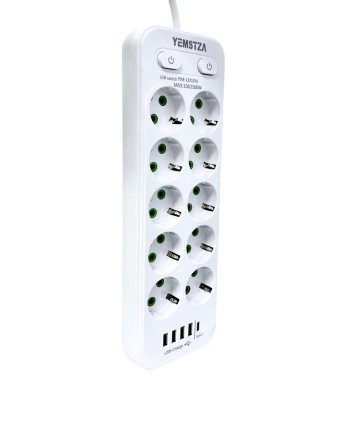  Сетевой фильтр Yemstza 2500W-10A(Max) 10 розеток+4USB+1USB-C 2м. белый