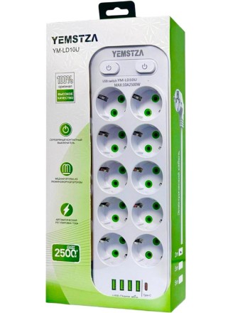  Сетевой фильтр Yemstza 2500W-10A(Max) 10 розеток+4USB+1USB-C 2м. белый