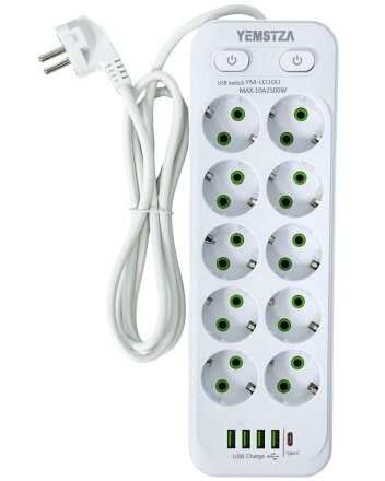  Сетевой фильтр Yemstza 2500W-10A(Max) 10 розеток+4USB+1USB-C 2м. белый
