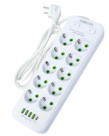  Сетевой фильтр Yemstza 2500W-10A(Max) 10 розеток+4USB+1USB-C 2м. белый