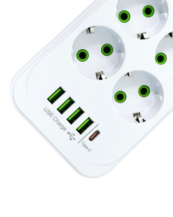  Сетевой фильтр Yemstza 2500W-10A(Max) 10 розеток+4USB+1USB-C 2м. белый