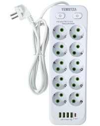 Сетевой фильтр Yemstza 2500W-10A(Max) 10 розеток+4USB+1USB-C 2м. белый