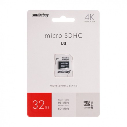  micro SDHC карта памяти Smartbuy 32GB Class 10 PRO UHS-I(U3) R/W:90/80 MB/s (с адаптером SD)
