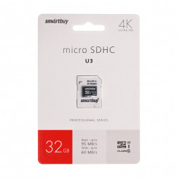 micro SDHC карта памяти Smartbuy 32GB Class 10 PRO UHS-I(U3) R/W:90/80 MB/s (с адаптером SD)