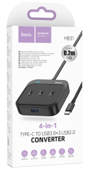 Кабель-переходник Hoco HB31 Type-C на USB3.0/ 3USB 2.0 0.2м черный