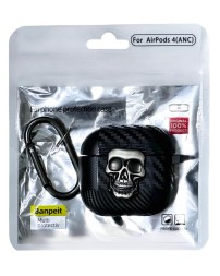 Силиконовый чехол для AirPods 4 с карабином под карбон с черепом чёрный