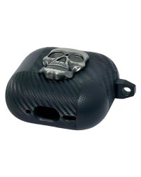 Силиконовый чехол для AirPods 4 с карабином под карбон с черепом чёрный