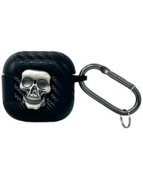 Силиконовый чехол для AirPods 4 с карабином под карбон с черепом чёрный