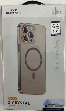  Накладка для i-Phone 15 Pro Max Keephone X-Crystal Magsafe титан прозрачный