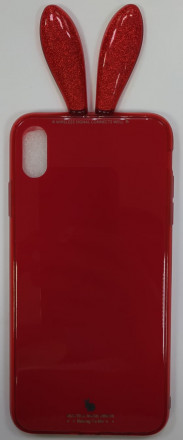 Накладка для iPhone XS MAX силикон со стеклом с ушами разноцветный