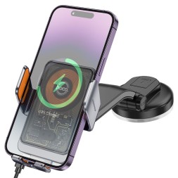 Держатель c беспроводной зарядкой на торпеду Hoco HW8 15W с зажимом серый