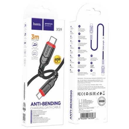  Usb Кабель-зарядка Type-C на Type-C Hoco X59 3A 60W 3м в тканевой оплетке черный