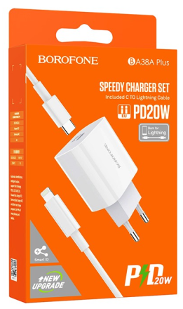  Сетевое зар. устр. Borofone BA38A Plus с шнуром Type-C на Lightning 1C 20W белое