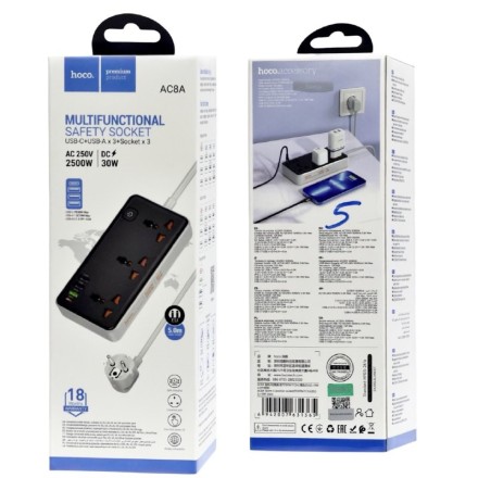  Сетевой фильтр Hoco AC8A 3 розетки/3USB/1USB-C 5м черный